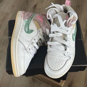 Nike Jordan 1- Kids White Sneakers with Green and Pink Accents